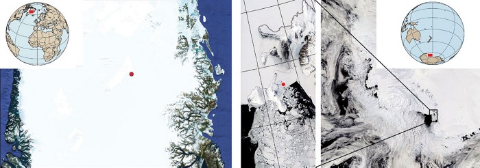 A set of maps showing the location of an Arctic research site and and Antarctic research site relative to their positions on the globe. A set of maps showing the location of an Arctic research site and and Antarctic research site relative to their positions on the globe.