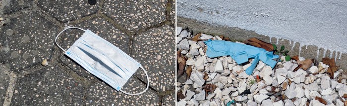 Photos of a blue disposable glove on pebbled ground, and a blue-and-white disposable mask on a city sidewalk. 09927-feature3-mask.jpg