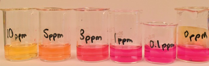 A series of six beakers containing liquids with colors ranging from yellow to pink. Each beaker has a label on it showing the decreasing concentration of fluoride in each.