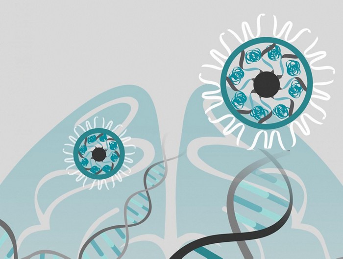 A conceptual cartoon showing CRISPR gold nanoparticles, DNA, and a brain. 20181212lnp2-crisprgold.jpg