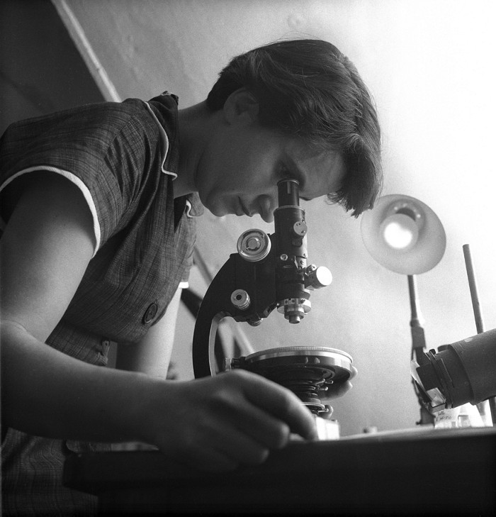 A photograph of Rosalind Franklin looking into a microscope. 09829-scicon2-franklin.jpg