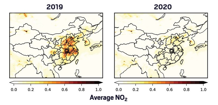 A map of China showing lower NO2 emissions during the country’s COVID-19 lockdown compared to the previous year. 09837-cover-chinano2.jpg