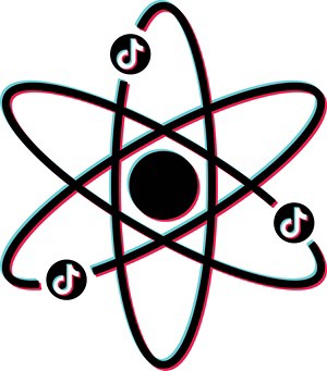 An image showing the TikTok logo as electrons orbiting a nucleus. Cartoon drawing of an atom with 3 TikTok logos orbiting a central nucleus.