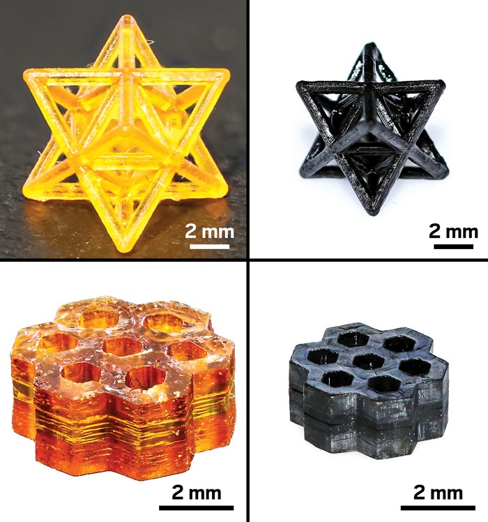 Before and after photographs of 3-D printed precursors that were rapidly converted to ceramics. 20200505lnp1-ceramics.jpg